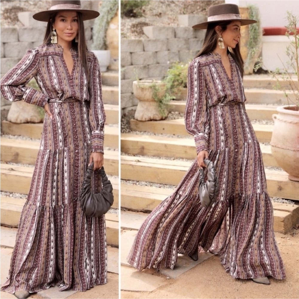 Veronica Beard Maidens Satin Tiered Belted Maxi Dress Size 2 Ecru Multi